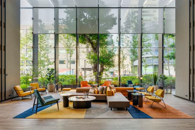 Lobby area with tables and chairs
