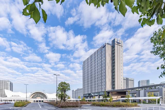 Exterior of hotel with blue sky