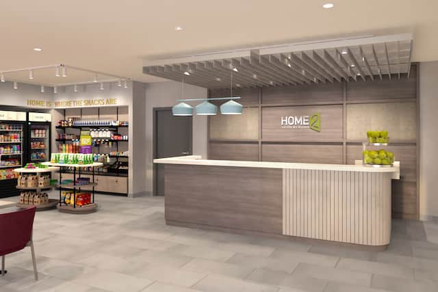 Example rendering of hotel reception desk and snack shop in lobby