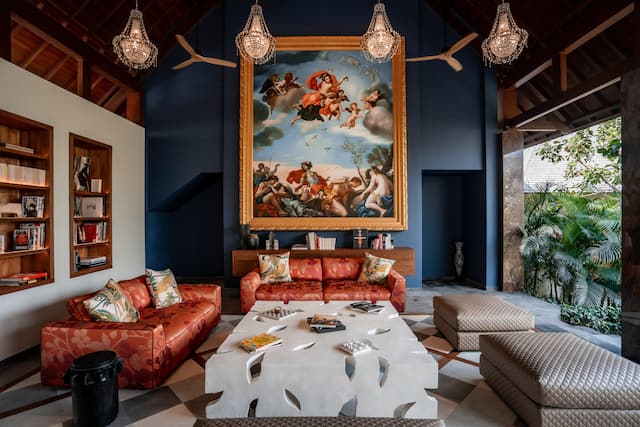 Lobby lounge area with table and sofas