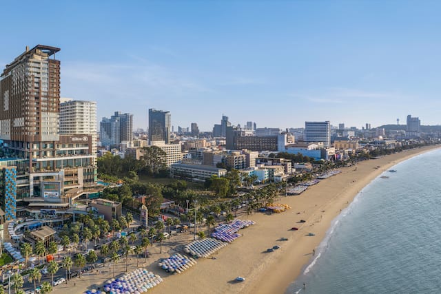 Aerial View of Hotel Exterior by the Beach