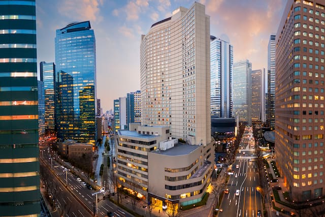 Hotel exterior with aerial city view