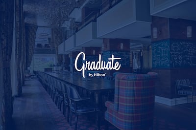 A white Graduate brand logo over a hotel lobby image