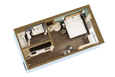 3D rendering floorplan of a king studio with king bed, kitchen area, table, and spacious bathroom