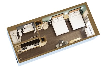 3D rendering floorplan of a two queen studio with two queen beds, kitchen area, table, and spacious bathroom