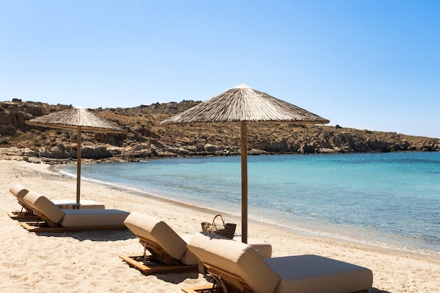 Beach with loungers and parasols