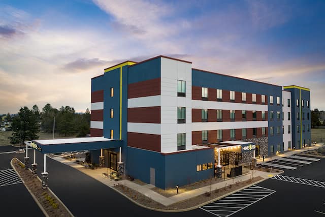 hotel exterior at dusk