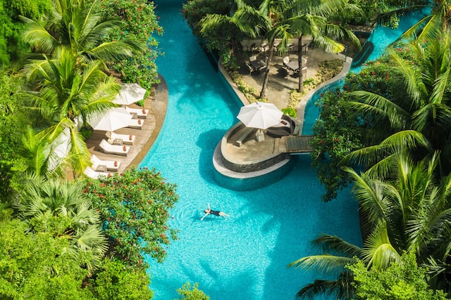 aerial view of outdoor pool and landscape with person floating