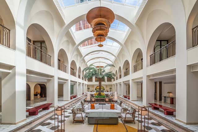 Lobby area with comfortable seating and architectural detail