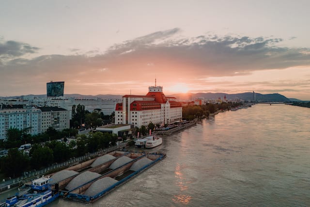 Hilton hotel on the waterfront at sunset